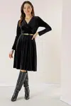 By Saygı Double Breasted Neck Lined Waist Belt Velvet Dress