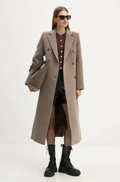 Vlněný kabát Samsoe Samsoe béžová barva, přechodný, dvouřadový