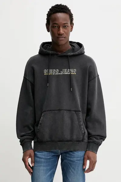 Bavlněná mikina Guess Jeans pánská, šedá barva, s kapucí, s potiskem, M5BQ30 KCPR1