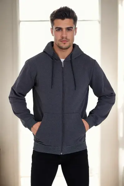 94090 Dewberry Kangaroo Pocket Hooded Zipper Mens Sweatshirt-ANTHRACITE
