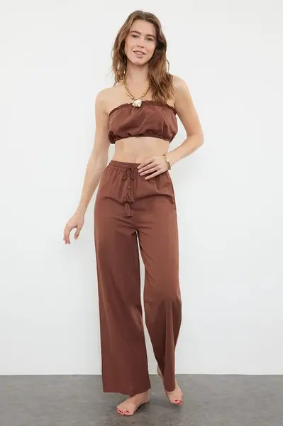 Trendyol Brown Weaving 100% Cotton Blouse Trousers Beach Set
