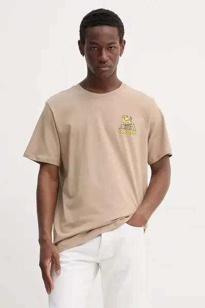 Bavlněné tričko Converse béžová barva, s potiskem, 10027097-A03