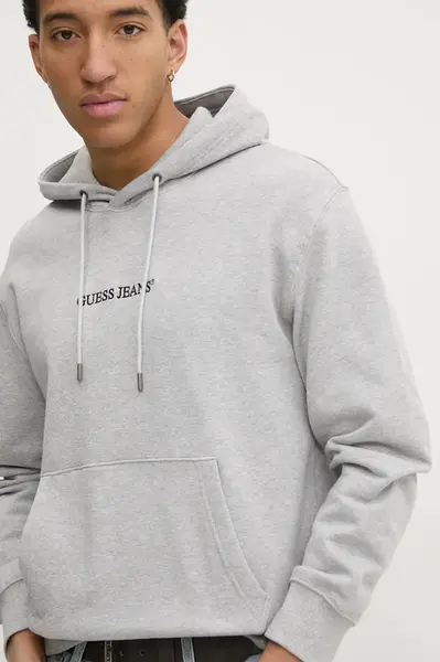 Mikina Guess Jeans pánská, šedá barva, s kapucí, s aplikací, M5RQ38 KCPR1