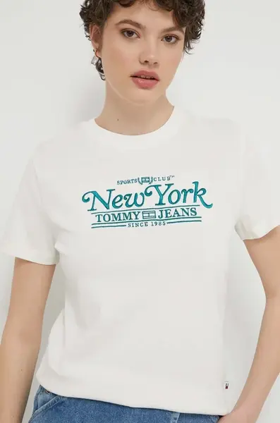 Bavlněné tričko Tommy Jeans béžová barva, DW0DW17826