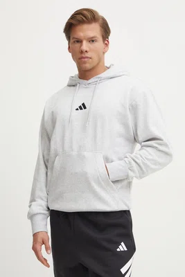 Mikina adidas Feelcozy pánská, šedá barva, s kapucí, melanžová, JE3803