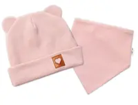 Baby Nellys Žebrovaná dvouvrstvá čepice s oušky + šátek, pudrová,68/74