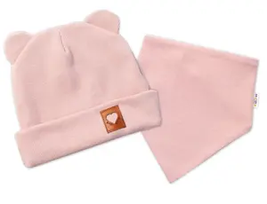 Baby Nellys Žebrovaná dvouvrstvá čepice s oušky + šátek, pudrová,68/74