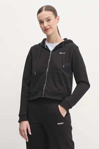Mikina Dkny dámská, černá barva, s kapucí, hladká, DP5J9508