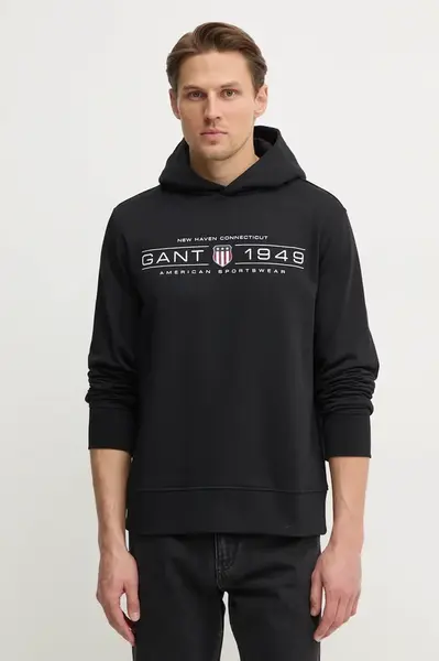 Mikina Gant pánská, černá barva, s kapucí, s potiskem, 2044014