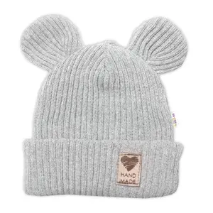 Baby Nellys Pletená bavlněná čepice s oušky, dvouvrstvá, Hand Made  šedá vel.  68/74