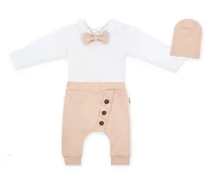 Baby Nellys 3-dílná sada Hubert, body s motýlkem, tepláčky a čepička - béžový, vel. 98 vel.  98