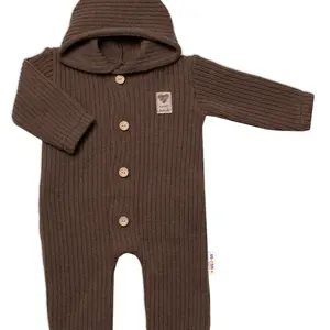 Baby Nellys Pletený overálek s kapucí a knoflíčky Hand Made, hnědý
