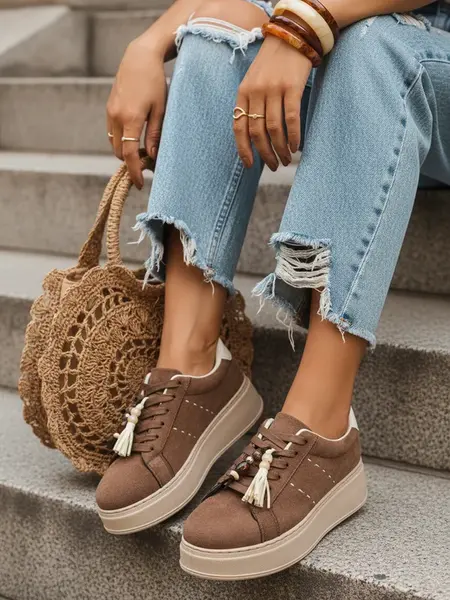 Dámské hnědé nízké tenisky s ozdobnými třásněmi