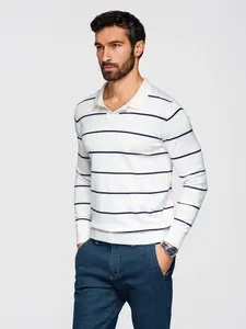 Ombre Men's horizontal striped polo longsleeve with viscose - white and navy blue