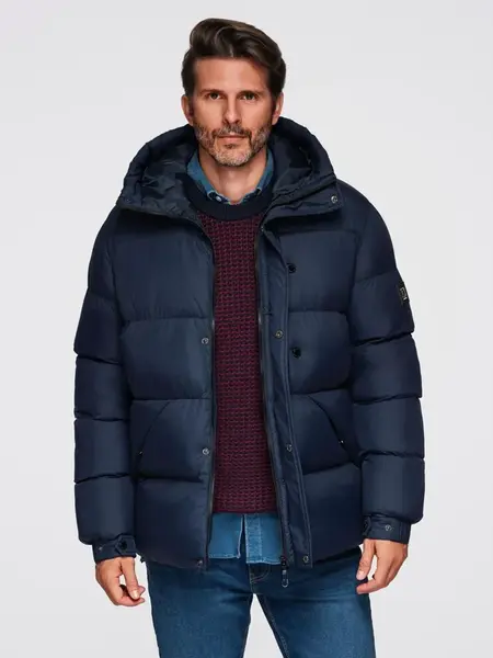 Ombre Men's quilted jacket with high zipped hood - navy blue