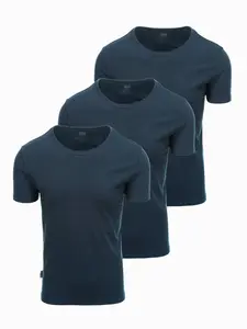 Ombre Set of men's BASIC cotton shirts with round neckline - 3x navy blue