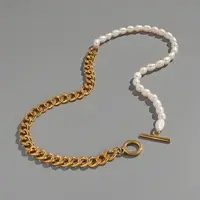 304 Stainless Steel Cuban Link Chain Natural Freshwater Pearl Rice Beaded OT Necklaces for Women