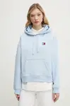 Bavlněná mikina Tommy Jeans dámská, modrá barva, s kapucí, s aplikací, DW0DW19414