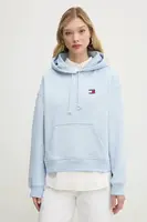 Bavlněná mikina Tommy Jeans dámská, modrá barva, s kapucí, s aplikací, DW0DW19414