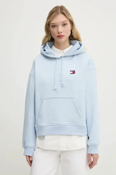 Bavlněná mikina Tommy Jeans dámská, modrá barva, s kapucí, s aplikací, DW0DW19414