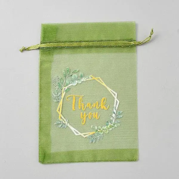 Thank You Flower Printed Organza Drawstring Bags