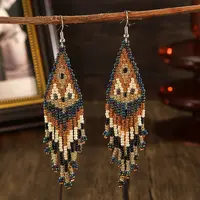 Handmade Glass Seed Beads Rhombus Tassel Dangle Earrings