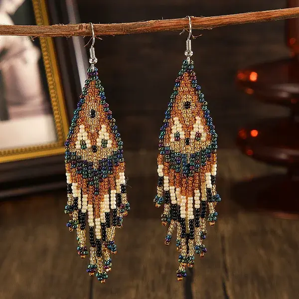 Handmade Glass Seed Beads Rhombus Tassel Dangle Earrings
