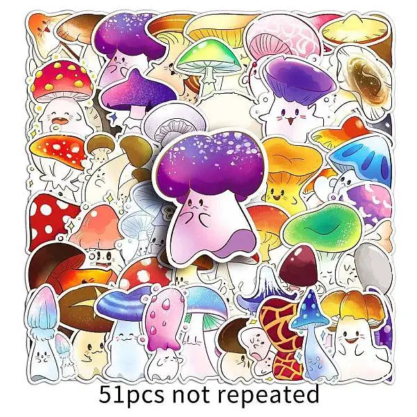 51Pcs Mushroom PVC Adhesive Waterproof Stickers Self-Adhesive Stickers