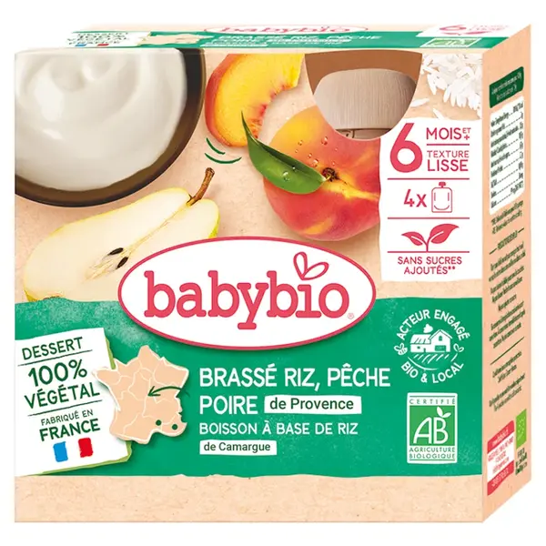 BABYBIO Kapsička rýžová kaše s broskví a hruškou 6m+ 4 x 85 g