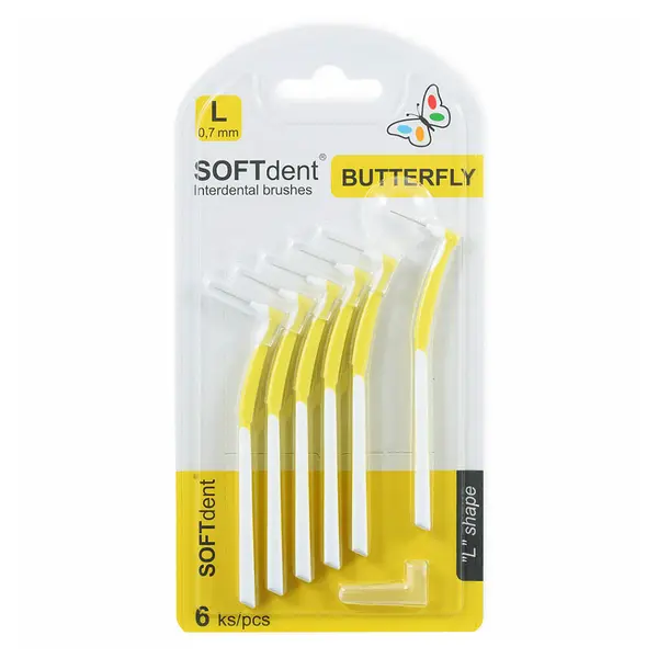SOFTDENT Butterfly mezizubní kartáček zahnutý L 6 ks