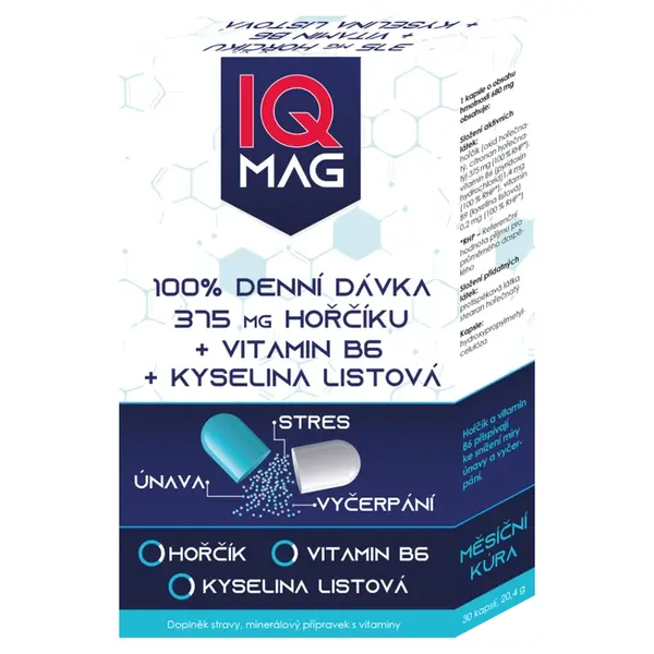 IQ MAG hořčík 375 mg + B6 + kyselina listová 30 kapslí