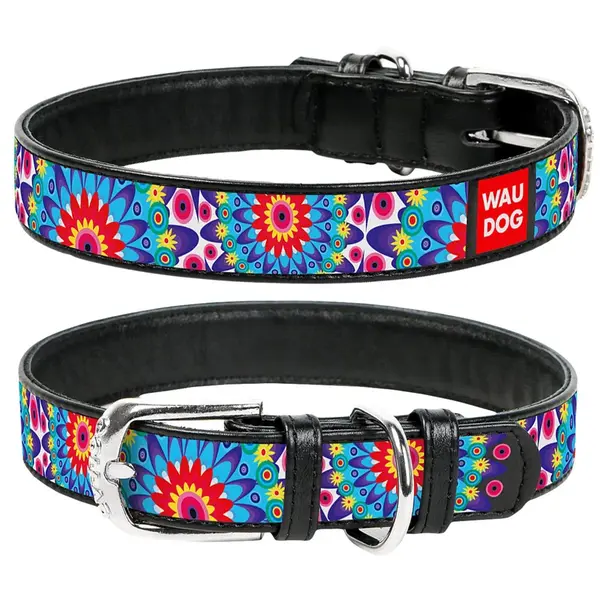 Kožený obojok so vzorom FLOWERS čierny, Obvod krku: 27-36 cm, širka: 15 mm