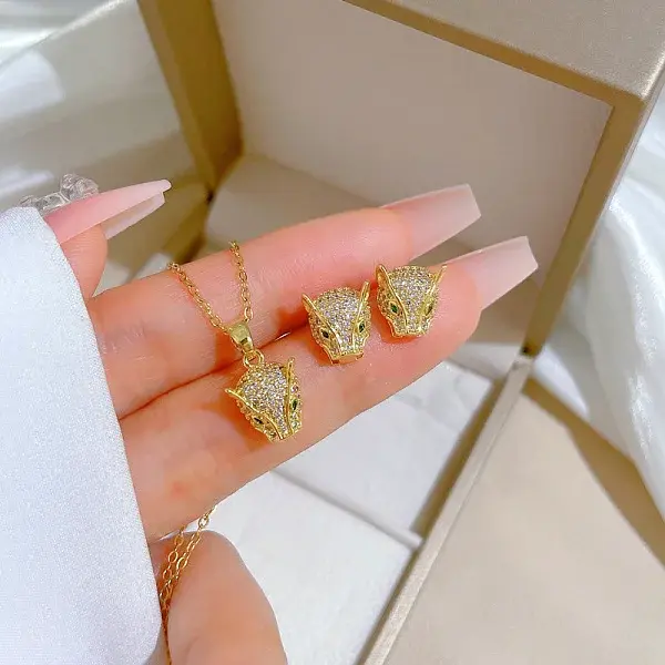 Brass Micro Pave Cubic Zirconia Pendant Necklace & Stud Earrings
