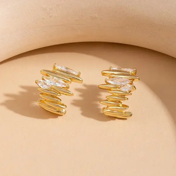 Irregular Brass Pave Clear Cubic Zirconia Stud Earrings