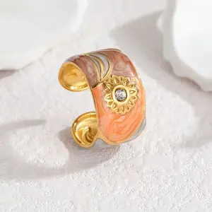 304 Stainless Steel Enamel & Rhinestone Cuff Open Rings