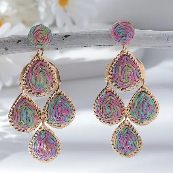 Teardrop Alloy Raffia Dangle Stud Earrings