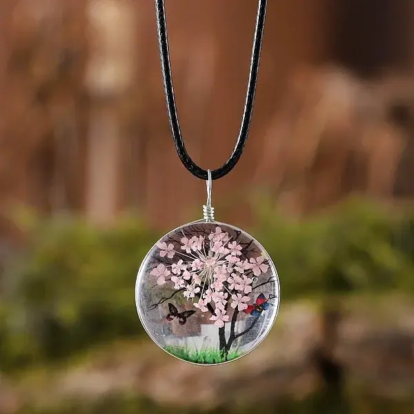 Flat Round Glass with Dried Flower Tree Inner Pendant Black Waxed Cord Necklaces