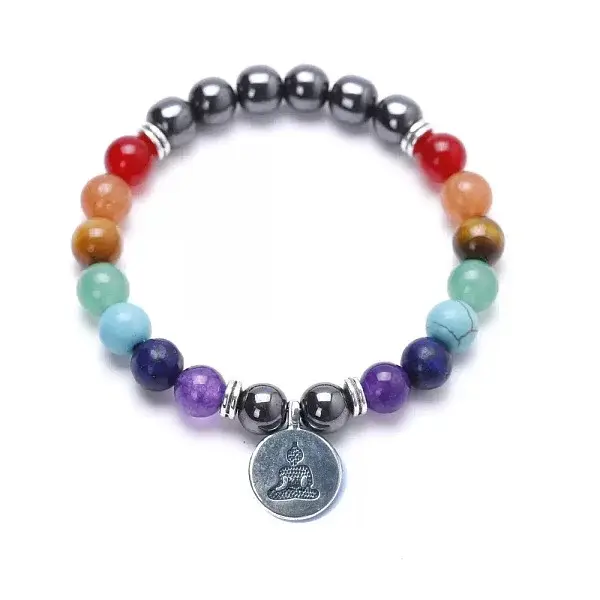Alloy Buddha Charm Chakra Round Gemstone Beaded Stretch Bracelets