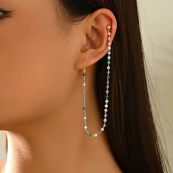 Brass Plastic Round Beads Long Stud Dangle Earrings for Women