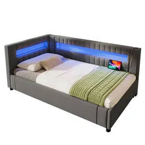 FLIEKS DENNÍ POSTEL 90x200cm LED USB Úložná Len Šedá