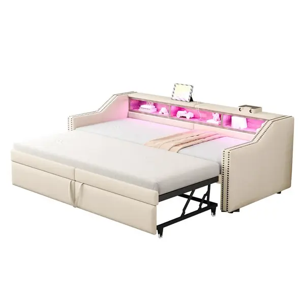 FLIEKS ČALOUNĚNÁ POSTEL, 90/180×200 cm, LED, USB, béžová