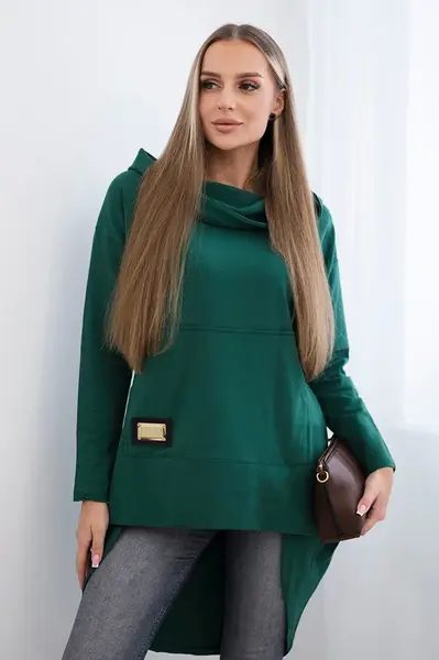 Mikina s dlouhým zadním dílem a kapucí zelené barvy