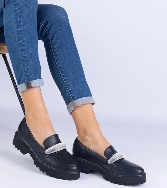 Gemre Talentino women's black loafers adorned with rhinestones