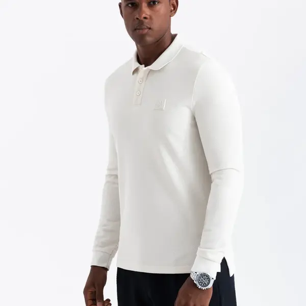 Ombre Structured men's polo longsleeve with patch - white