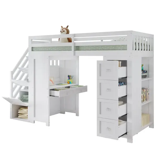 CHICFURN VYVÝŠENÁ POSTEL 90/200 cm v bílé barvě s psacím stolem, zásuvkami a policemi