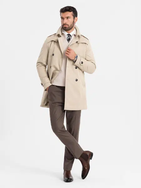 Ombre Elegant men's SLIM FIT trench coat with belt - beige
