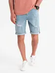 Ombre Men's short denim shorts with rubbing and rolled up leg - light blue
