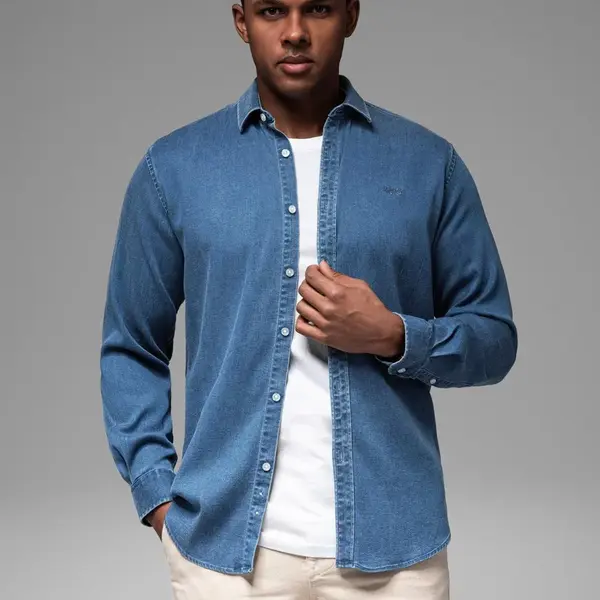Ombre Men's denim shirt with lyocell and embroidery on the chest - blue