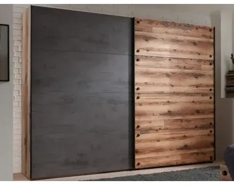 Šatník s posuvnými dverami Dover, 270 cm, zrubová doska / tmavý betón%