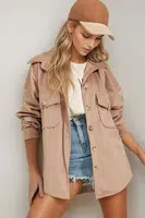 Trend Alaçatı Štýl Dámska Kameňová Zamatová Bavlnená Dvojvrecková Oversize Bunda Košeľa
